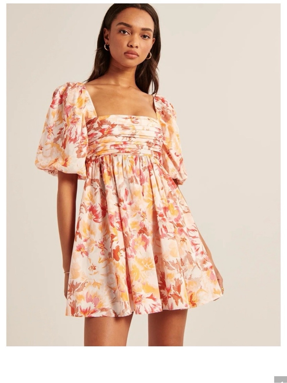 Abercrombie & Fitch Peach Floral Puff-Sleeve Mini Dress